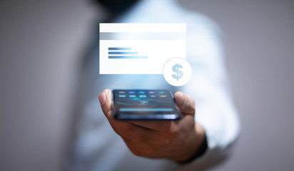 man hand phone with credit card icon in screen