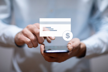 man hand phone with credit card icon in screen