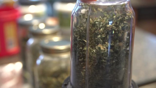 Blending marijuana buds in a clear blender for cannabis THC edibles. Slow motion.