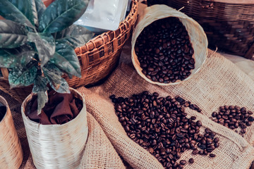 coffee beans in burlap sack.