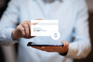man hand phone with credit card icon in screen