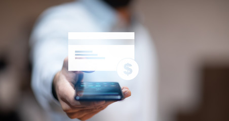man hand phone with credit card icon in screen