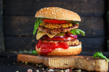 burger meat cutlet beef steak, tomato, sauce and lettuce (tasty meat snack sandwich) menu concept. food background. top view. copy space