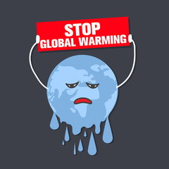 Stop global warming concept. Melting of earth character, flat vector illustration
