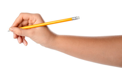 Woman holding pencil on white background, closeup