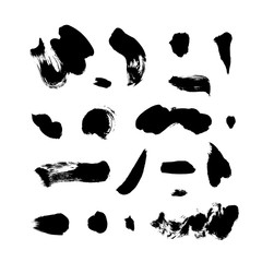 Hand drawn brush spots, dots and lines vector set. Black paint, ink brush strokes, spots, circles.