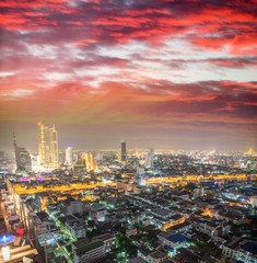 Night aerial view of Downtown Bangkok, Thailand