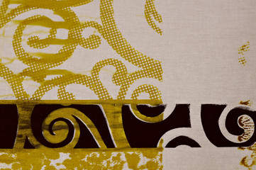 Background. Texture. Yellow Pattern. Black-white drawing. Cotton fabric. Calico Abstraction.