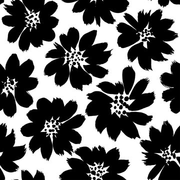 Floral ink pen vector seamless pattern. Japanese black abstract flowers texture. Monochrome spring blooming