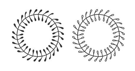 Hand drawn wreath for design use. Black Vector doodle flowers on white background. Abstract pencil boho drawing branch circle. Artistic illustration elements plant and bloom