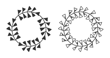 Hand drawn wreath for design use. Black Vector doodle flowers on white background. Abstract pencil boho drawing branch circle. Artistic illustration elements plant and bloom