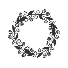 Hand drawn wreath for design use. Black Vector doodle flowers on white background. Abstract pencil boho drawing branch circle. Artistic illustration elements plant and bloom