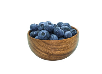group of blueburry fruit in wooden bowl circle side shape. Isolated on white with clipping path