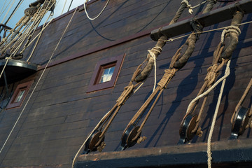 Board of old pirate ship in the port of Torrevieja, Alicante, Spain 2019