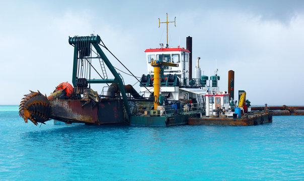 Dredger Heavy Excavator on Water in the Sea (Deep Sea Dredge)