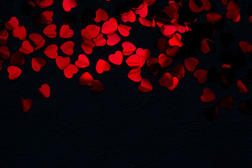 top view of red heart shape glitter background