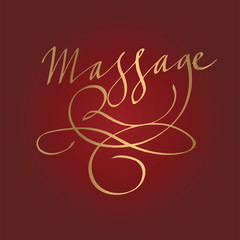 Calligraphic hand-written word massage.  Beautiful Golden text with swirls on a red background. For logo, business card, flyer, postcard, banner, poster, sticker. vector