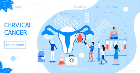 Cervical Cancer concept vector for medical website. Tiny doctors examine uterus with magnifier to to cauterize erosion