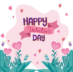 happy valentines day card with leafs decoration vector illustration design