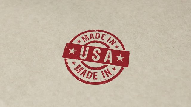 Made in USA stamp and hand stamping impact animation. Factory, manufacturing and production country 3D rendered concept.