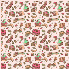 Seamless bakery pattern, hand drawn line with digital color, vector illustration
