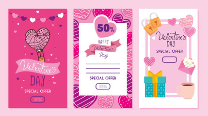 Fototapeta na wymiar set of happy valentines day cards with offer vector illustration design