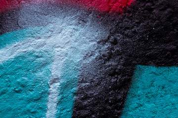 Beautiful bright colorful street art graffiti background. Abstract geometric spray drawing fashion colors on the walls of the city. Urban Culture detailed close up texture red, yellow, blue picture