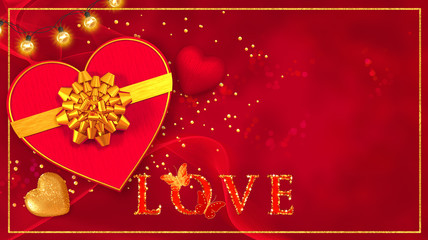 Obraz na płótnie Canvas Valentine's day romantic decoration, red, golden heart, gift box decorated with a gold bow, tinsel, electric garland illumination, butterfly, 3D rendering, mixed media