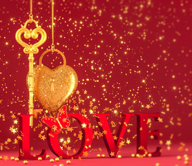 Valentine's day romantic decoration, heart-shaped lock, golden key, glitter, sparkles, shine, soft focus, place for text, 3D rendering, volume letters love