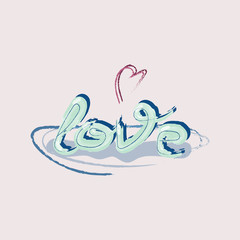 The word Love and heart on a light background, drawn by hand. Paint brush texture