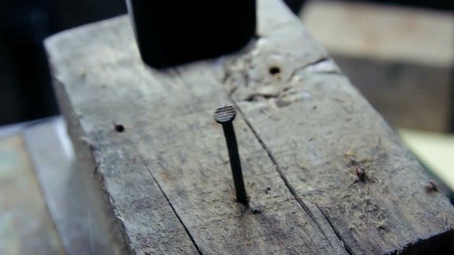 A man hammers a nail into a tree with an old hammer