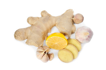 Fresh garlic and other natural cold remedies isolated on white, top view