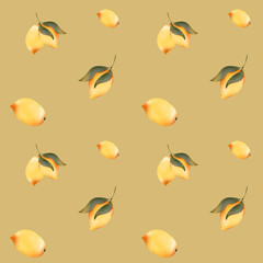 Digital illustration of seamless pattern a cute textured juicy yellow lemon, cloves, seeds, leaves, drops of juice. Print for packaging, posters, cards, invitations, banners.