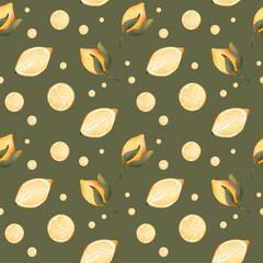 Digital illustration of seamless pattern a cute textured juicy yellow lemon, cloves, seeds, leaves, drops of juice. Print for packaging, posters, cards, invitations, banners.