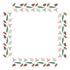 Square frame of horizontal different multicolored leaves. Isolated nature frame on white background for your design.