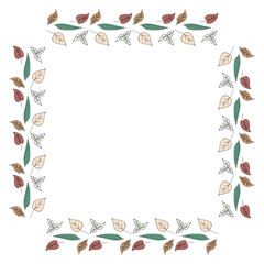 Square frame of horizontal different multicolored leaves. Isolated nature frame on white background for your design.