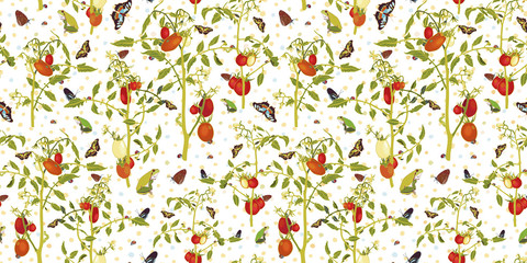 Vector realistic botany tomato garden repeat pattern with tomato plant, butterfly, animal, dotted background. Elegant summer design, garden lovers, kitchen wear. Wildlife background.