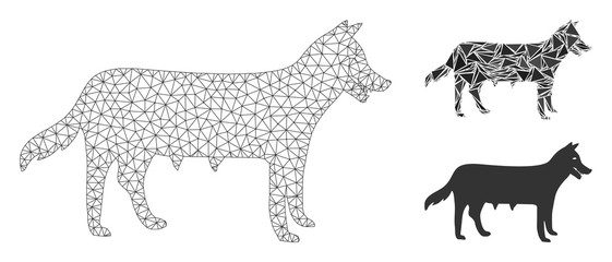 Mesh dog bitch model with triangle mosaic icon. Wire frame triangular network of dog bitch. Vector mosaic of triangle parts in variable sizes, and color tones. Abstract flat mesh dog bitch,