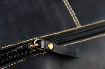 Zipper of leather bag for man, brown briefcase with stitches, male accessories in vintage style,...