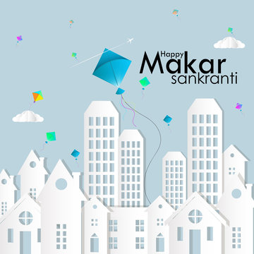 illustration of Happy Makar Sankranti wallpaper with colorful kite string for festival of India