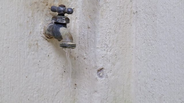 Old faucet on white wall leaking fresh water. This shows how unmaintained equipment can cause waste of resources.