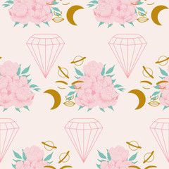 pink peony composition with woman face, moon and diamonds in a seamless pattern design
