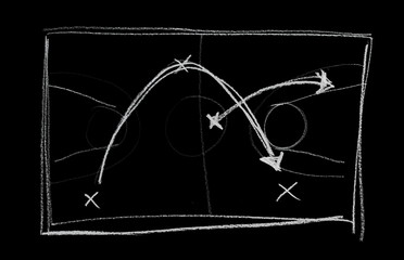 Basketball play tactics strategy drawn on black chalkboard, clipping path