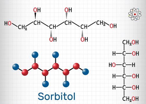 Sorbitol, glucitol molecule. It is polyhydric alcohol with a sweet taste. Structural chemical formula and molecule model. Sheet of paper in a cage. Vector illustration