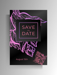 Design wedding invitation template. Floral hand drawn ornament on a black background. Vector 10 EPS.