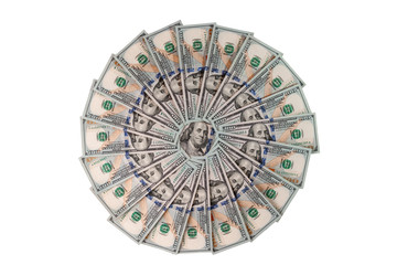 Fototapeta na wymiar Close-up of cash one hundred american dollars as a circle, in the center of flat lay composition is a portrait of president Franklin, concept of business isolated on a white background, top view