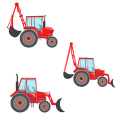 A Tractor or excavator with bucket isolated on white background, a flat vintage vector stock illustration with set or collection of machines for construction work