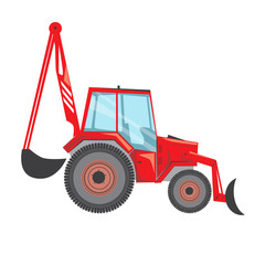 A excavator or red tractor isolated on white background for design, a vector stock illustration of a flat side view of a construction vehicle in work