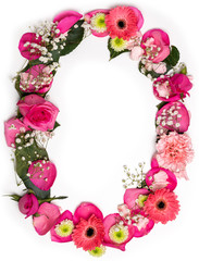 letter O in flower alphabet, real flower abc, pink, red, yellow and white