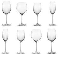 Transparent wine glass set. Wine glasses. Realistic vector